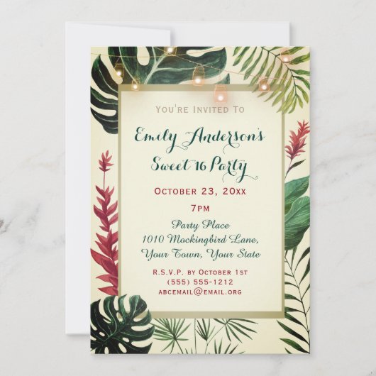 Invitation Tiki tropical aux lumières Douce 16 Anniversaire (Devant)