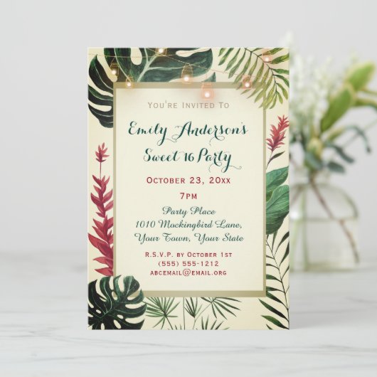 Invitation Tiki tropical aux lumières Douce 16 Anniversaire (Debout devant)