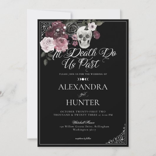 Invitation Til Death Aquarelle Crâne Rose Mariage gothique (Devant)
