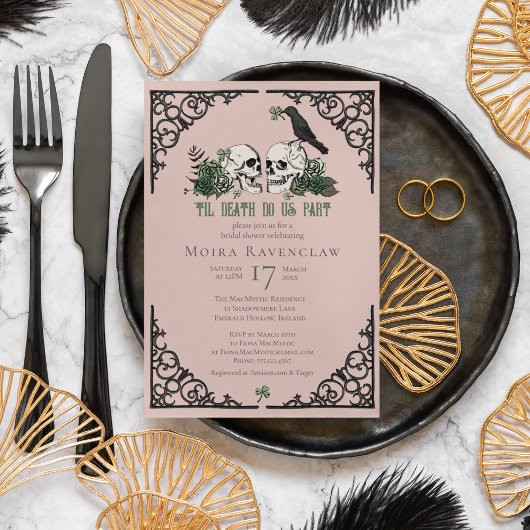 Invitation Til Death Do Us Part Mr and Mrs Skulls Green Roses