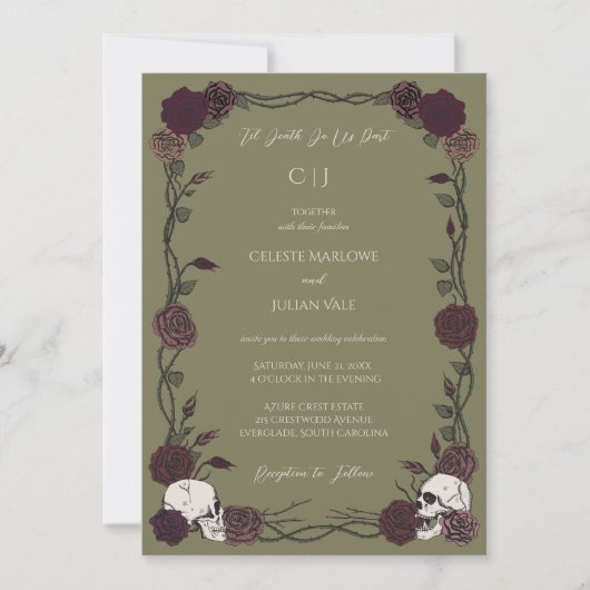 Invitation Til Death Olive Green Gothic Rose Wedding (Devant)