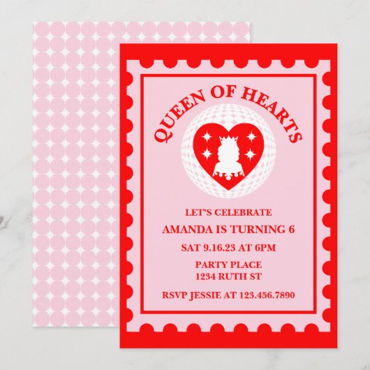 Invitation Timbre De La Reine Des Coeurs De Fête D'Anniversai (Devant / Derrière)