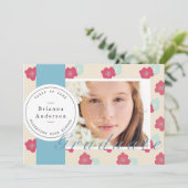 Invitation Timbre Floral Bleu & Ruban Photo Graduation (Debout devant)