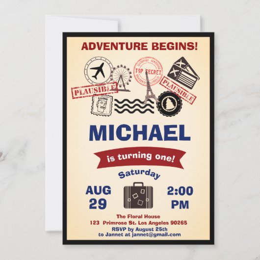 Invitation Timbre Rustique Destination Anniversaire Voyages d (Devant)