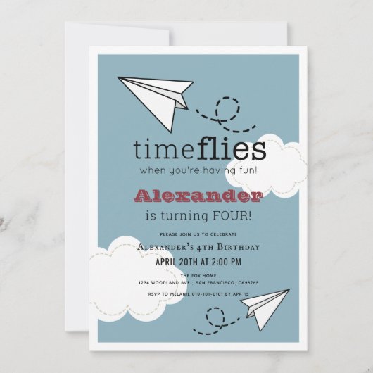 Invitation Time Flies Papier Plan Blue Boy Anniversaire (Devant)