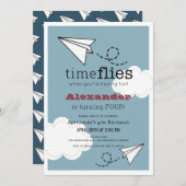 Invitation Time Flies Papier Plan Blue Boy Anniversaire (Devant / Derrière)