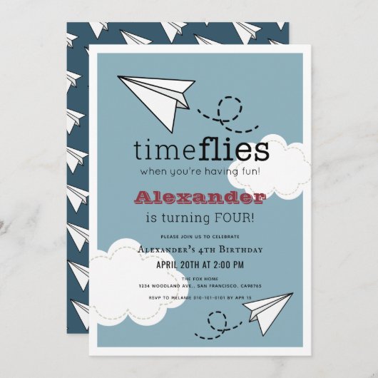 Invitation Time Flies Papier Plan Blue Boy Anniversaire (Devant / Derrière)