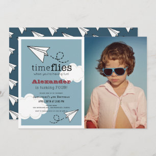 Invitation Time Flies Papier Plan Blue Boy Photo Anniversaire