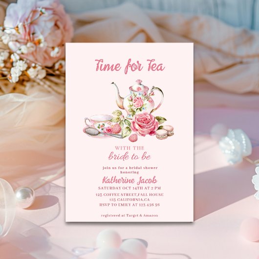 Invitation Time for Tea Pink Floral Tea Party Bridal Shower 