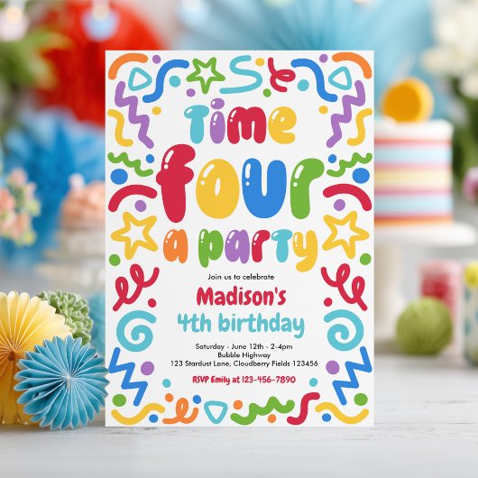 Invitation Time Four A Party Confetti Balloon 4th Birthday 