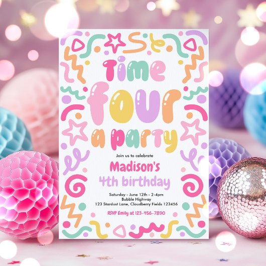 Invitation Time Four A Party Confetti Balloon 4th Birthday 