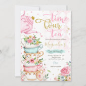 Invitation Time Four Tea Pink Floral 4th Birthday Tea ParTEA (Devant)