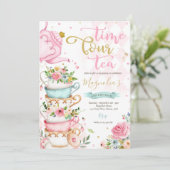 Invitation Time Four Tea Pink Floral 4th Birthday Tea ParTEA (Debout devant)