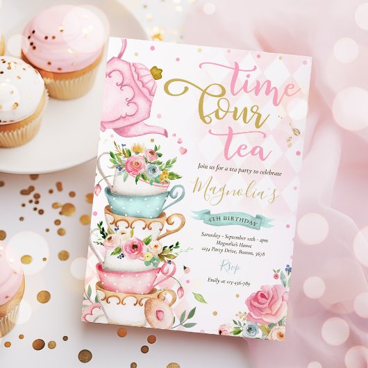 Invitation Time Four Tea Pink Floral 4th Birthday Tea ParTEA
