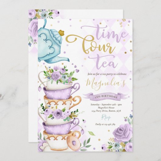 Invitation Time Four Tea Purple Floral 4e anniversaire ParTEA (Devant / Derrière)