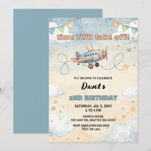Invitation Time To Fly Airplane Birthday  (Devant / Derrière)