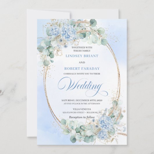 Invitation Timeless Blue Hydrangea Eucalyptus Wedding Invite (Devant)
