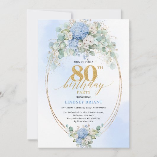 Invitation Timeless Blue Hydrangea Gold 80th Birthday Invite (Devant)