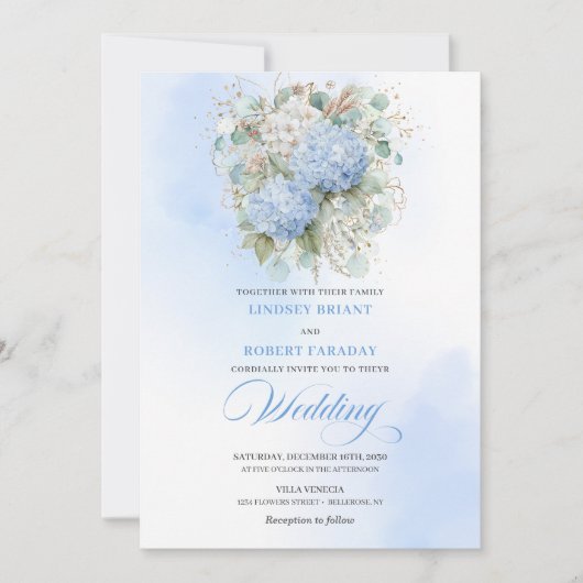 Invitation Timeless Blue Hydrangea Gold Floral Wedding Invite (Devant)