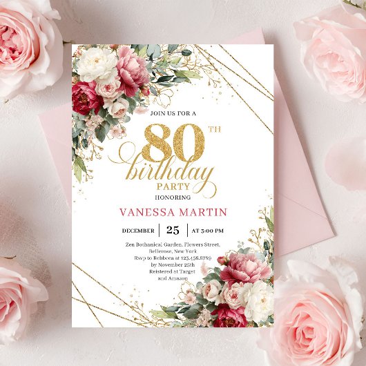 Invitation Timeless Blush Burgundy Greenery 80th Invite