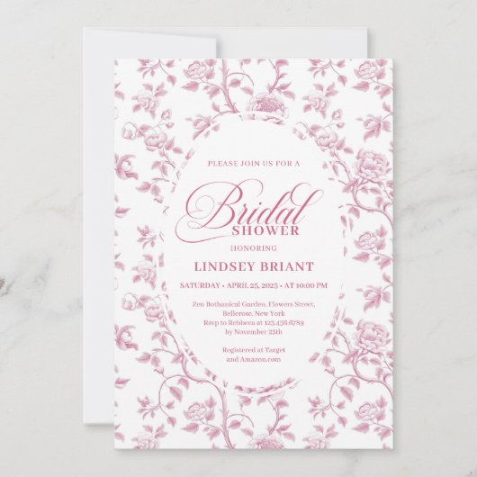 Invitation Timeless Blush Pink Toile Roses Pattern Bridal Sho (Devant)