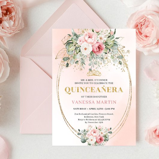 Invitation Timeless Blush Roses Eucalyptus Quinceañera Invite