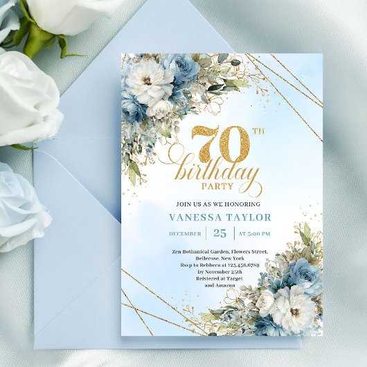 Invitation Timeless bohemian blue florals gold 70th birthday 