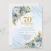 Invitation Timeless bohemian blue florals gold 70th birthday  (Devant)