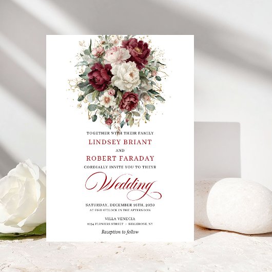 Invitation Timeless Boho Burgundy White Flowers Gold Wedding 
