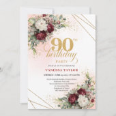 Invitation Timeless Boho Deep Red Peonies Gold 90th Birthday (Devant)