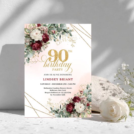 Invitation Timeless Boho Deep Red Peonies Gold 90th Birthday