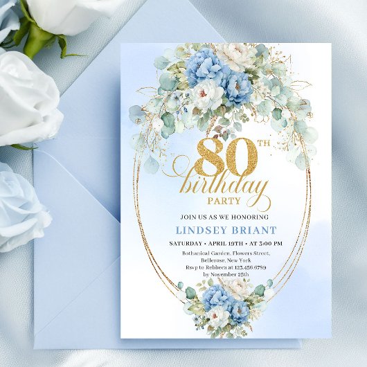 Invitation Timeless Boho Dusty Blue Flowers 80th Birthday 