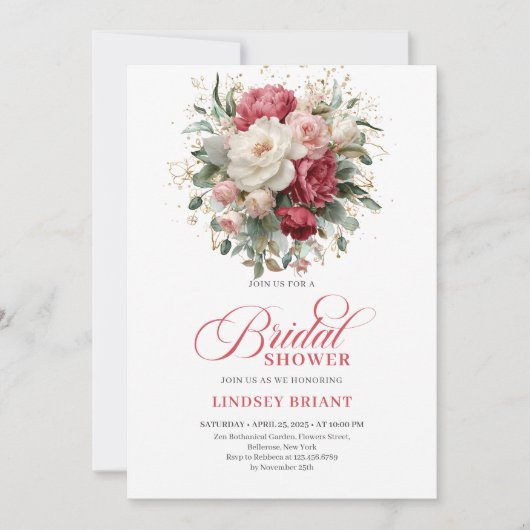 Invitation Timeless Boho Ruby Red Blush Gold Bridal Shower (Devant)