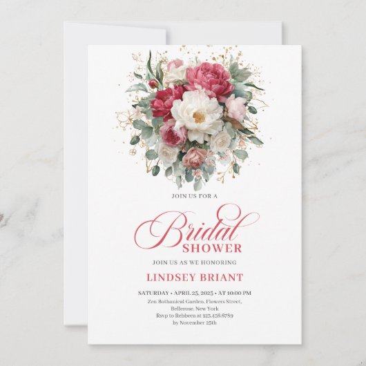 Invitation Timeless Boho Ruby Red Blush Gold Bridal Shower (Devant)