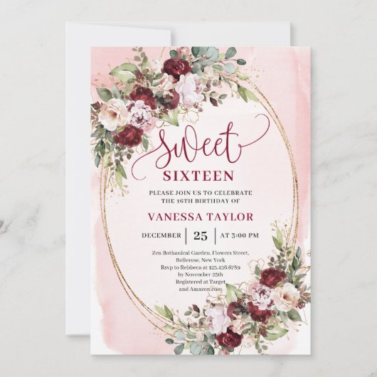 Invitation Timeless Burgundy Blush Floral Sweet 16 Invite (Devant)