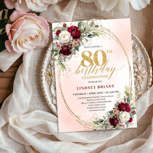 Invitation Timeless Burgundy Boho Floral 80th Birthday Invite