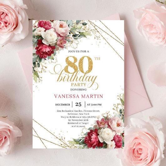 Invitation Timeless Burgundy Red Gold 80th Birthday Invite
