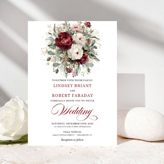 Invitation Timeless Burgundy White Floral Gold Wedding Invite