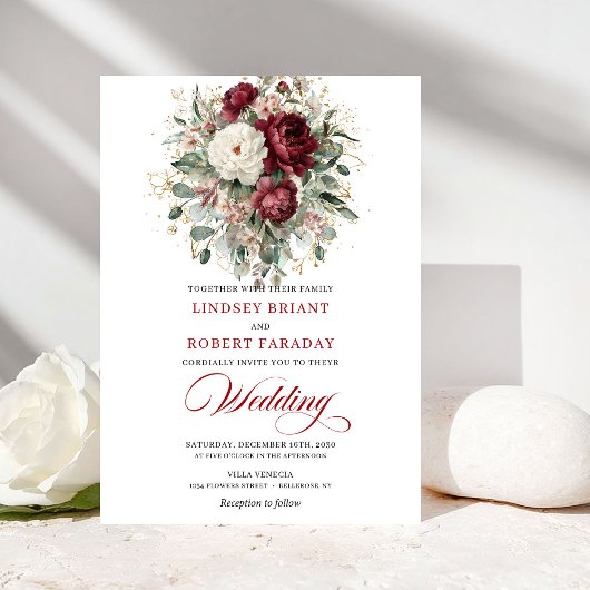 Invitation Timeless Burgundy White Floral Gold Wedding Invite