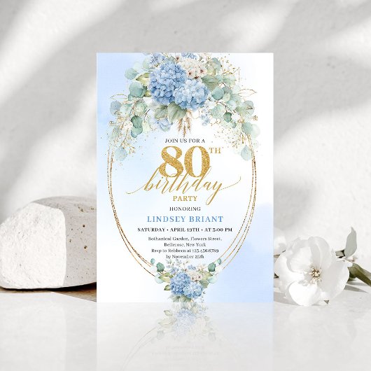 Invitation Timeless Dusty Blue Floral 80th Birthday Invite