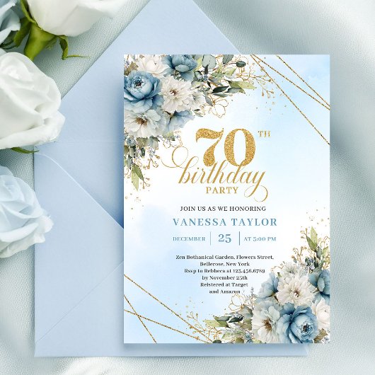 Invitation Timeless dusty blue florals gold frame 70 birthday