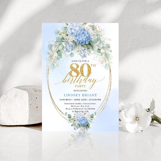 Invitation Timeless Dusty Blue Gold 80th Birthday Invite