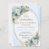 Invitation Timeless Dusty Blue Gold Greenery Quinceañera  (Devant)
