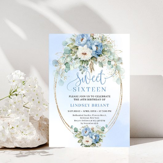 Invitation Timeless Dusty Blue Peony Gold Sweet 16 Birthday 