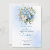 Invitation Timeless Dusty Blue White Flowers Gold Wedding (Devant)