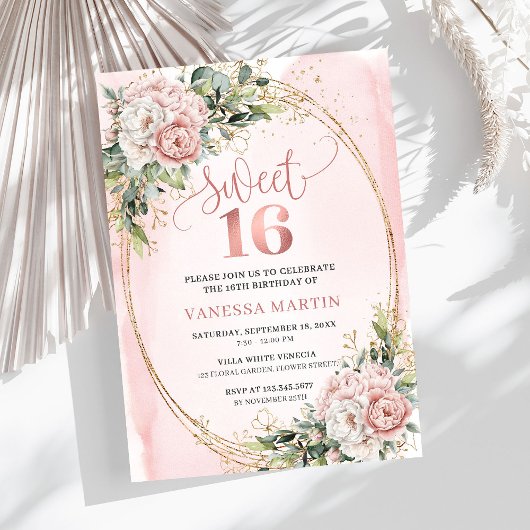 Invitation Timeless Dusty Pink Floral Greenery Sweet Sixteen 