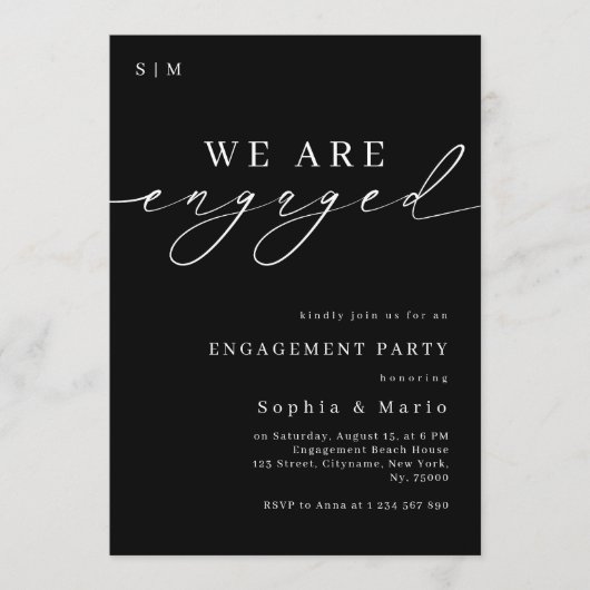Invitation Timeless Elegant Monogram Black Engagement Party (Devant)