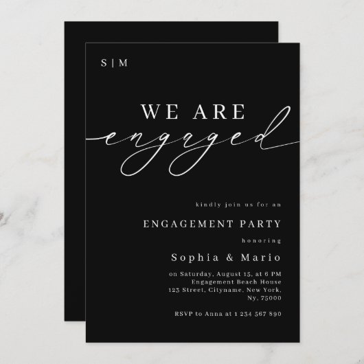 Invitation Timeless Elegant Monogram Black Engagement Party (Devant / Derrière)