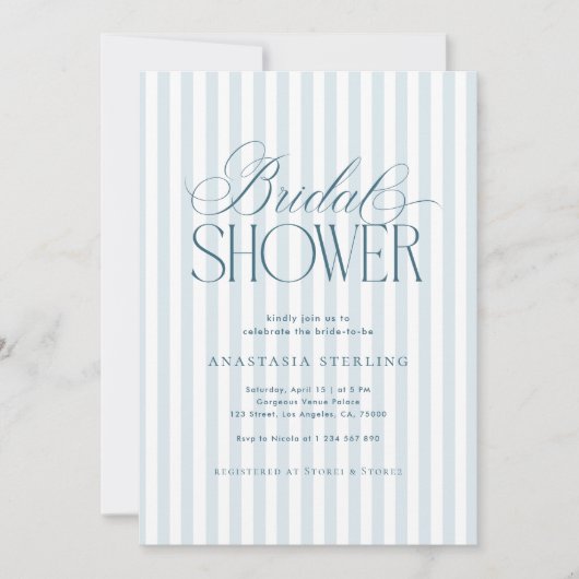 Invitation Timeless Luxe Script Blue Stripes Bridal Shower (Devant)