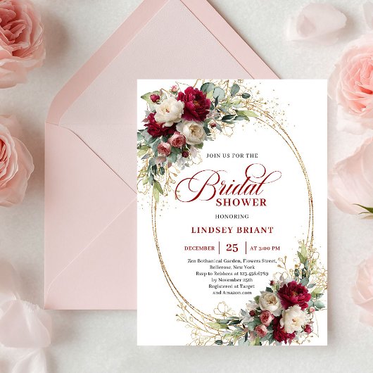 Invitation Timeless Maroon Floral Gold Bridal Shower Invite